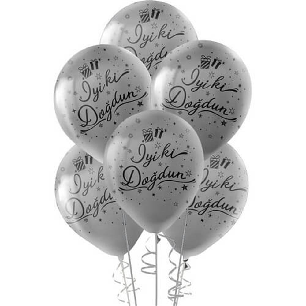 Baskılı Latex Balonlarİyi ki Doğdun Siyah Baskılı Gümüş Lateks Balon 100'lü PaketBALONEVİ