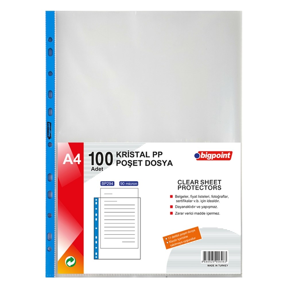 Bigpoint Poşet Dosya Mavi Şeritli Kristal 90 Mikron 100'lü Paket