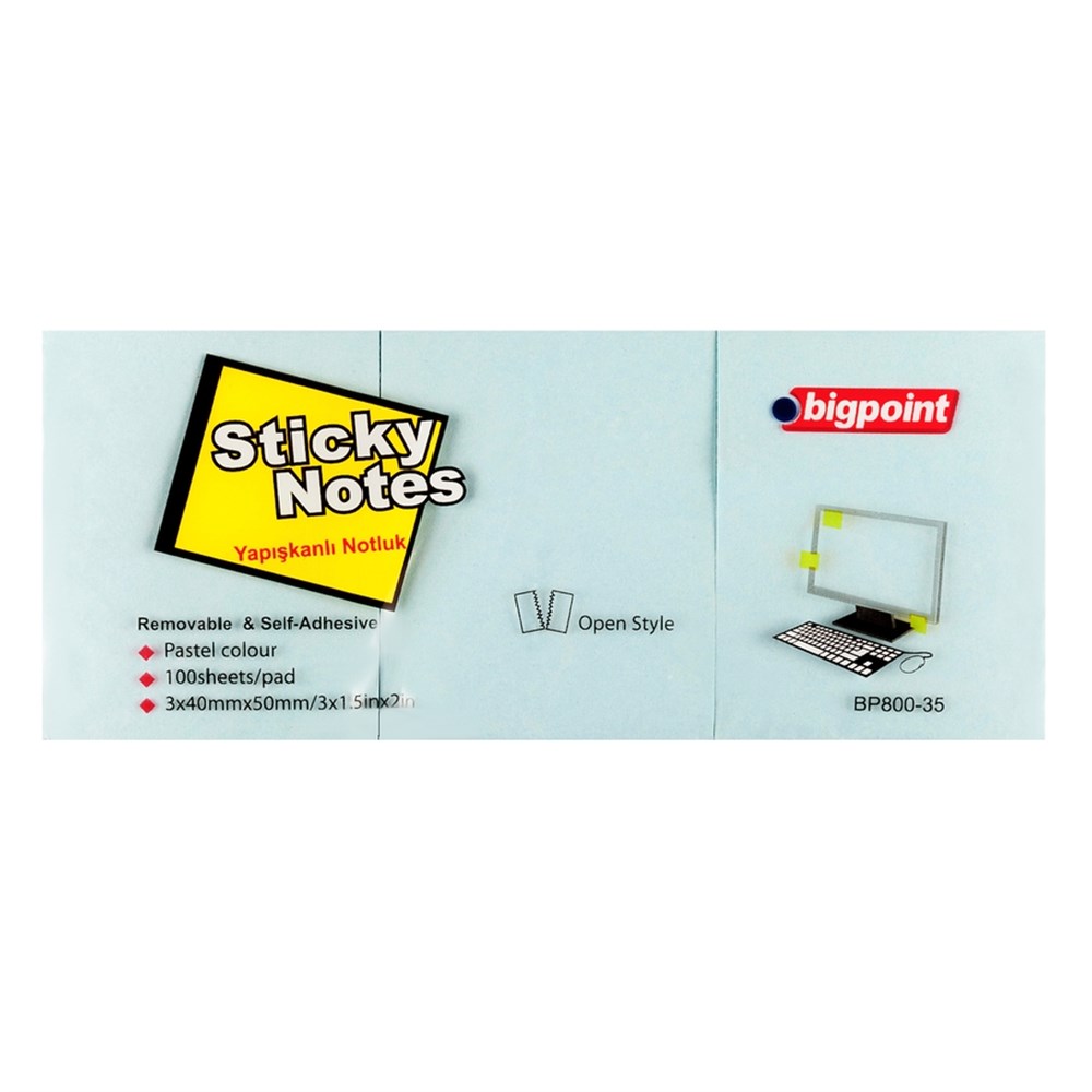 Bigpoint Yapışkanlı Not Kağıdı 3'lü 40x50mm Mavi