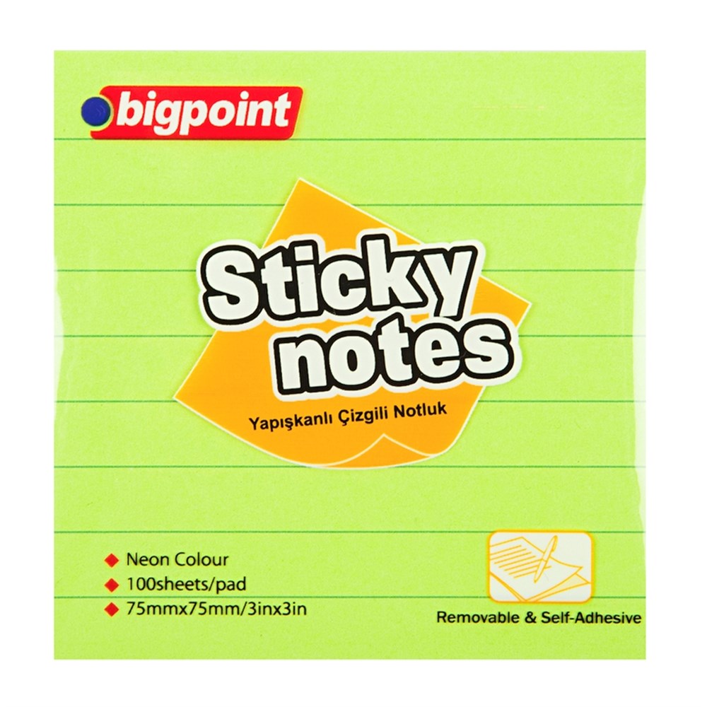 Bigpoint Yapışkanlı Not Kağıdı Çizgili 75x75mm Neon Yeşil