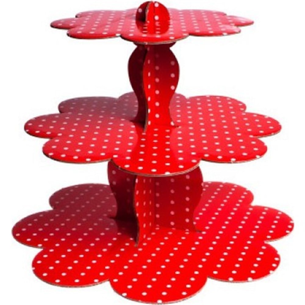 Kırmızı Renk Beyaz Benekli Cupcake Kek Standı Karton 3 katlıCupcake Standları