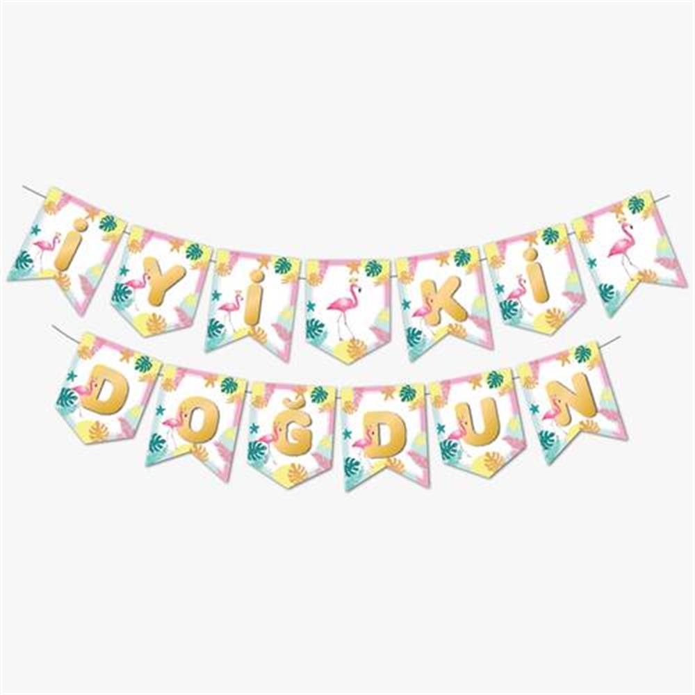 Banner SüslerFlamingo Temalı İyi Ki Doğdun Zigzag Banner Kağıt SüsYerli Üretim