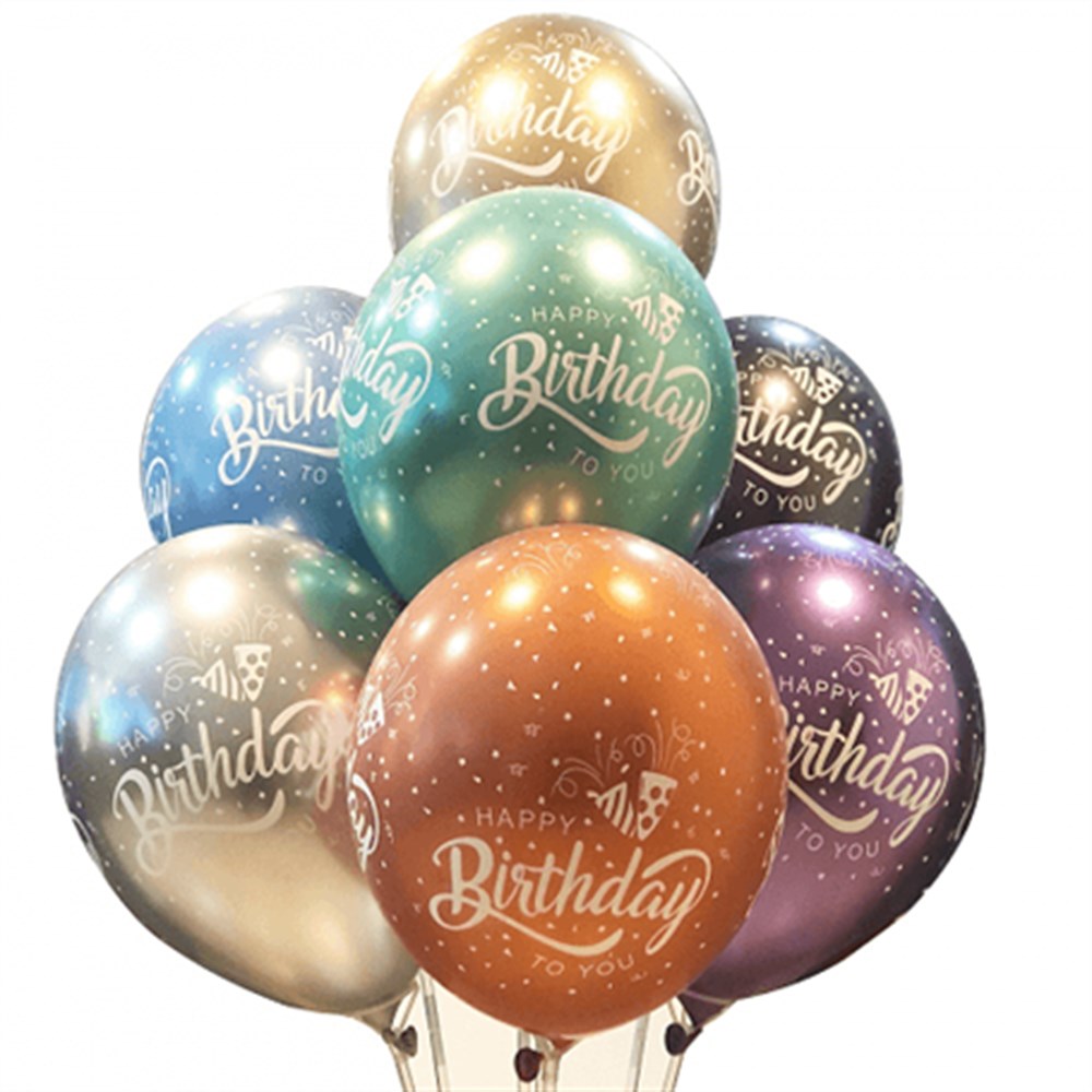 Baskılı Latex BalonlarHappy Birthday Beyaz Baskılı Karışık Krom Balon 5 'li PaketYerli Üretim