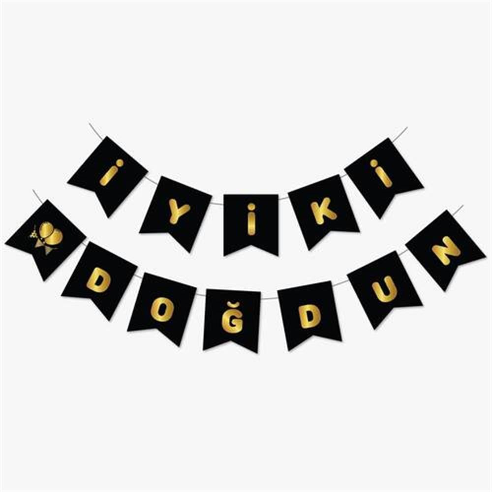 Banner Süslerİyi ki Doğdun Kağıt Banner Süs 180cm Gold Yaldızlı SiyahYerli Üretim
