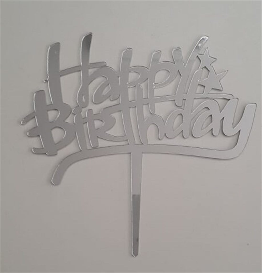Pleksi Harf Rakam ve YazılarPasta Üstüne Pleksi El Yazısı Yıldız Şekilli Happy Birthday Gümüş YazıYerli Üretim