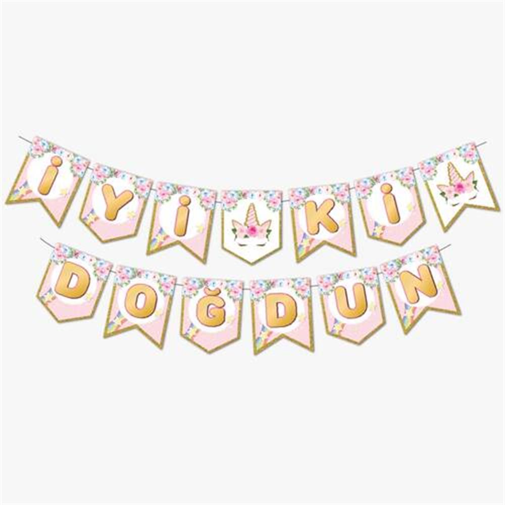 Banner SüslerUnicorn Çiçekli Temalı İyi Ki Doğdun Zigzag Banner Kağıt SüsYerli Üretim