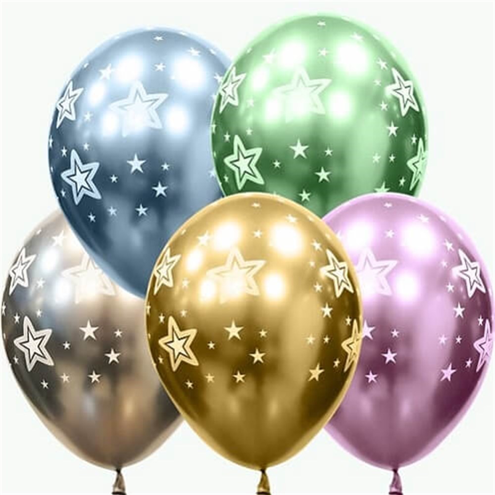 Baskılı Latex BalonlarYıldız Baskılı Karışık Krom Balon 50 'li PaketYerli Üretim