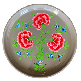 Paslanmaz Çelik Emaye El Boyama Tepsi-Yuvarlak-ç:33 cm Gri Çiçek