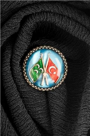Mavi Mineli Osmanlı ve Türk Bayraklı Gümüş Rozet
