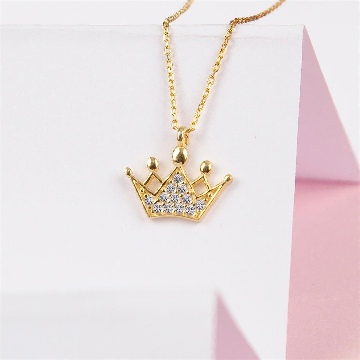 Altın Kaplama 925 Ayar Gümüş Kraliçe Tacı Minimal Bayan Kolye | Silverplus™