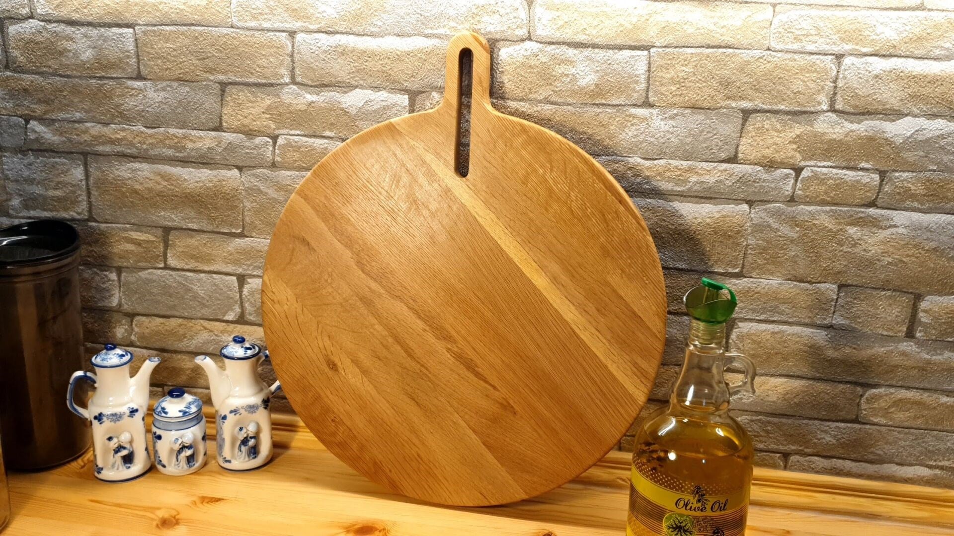 Meşe Ağacı 30 Cm Doğal Ahşap Pizza Peynir Sunum Et Steak Saplı Kesme Tahtası Yuvarlak