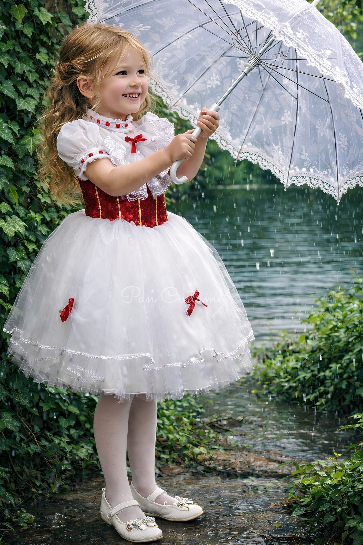 Pan Kostum Mary Poppins Kız Çocuk Elbise Beyaz