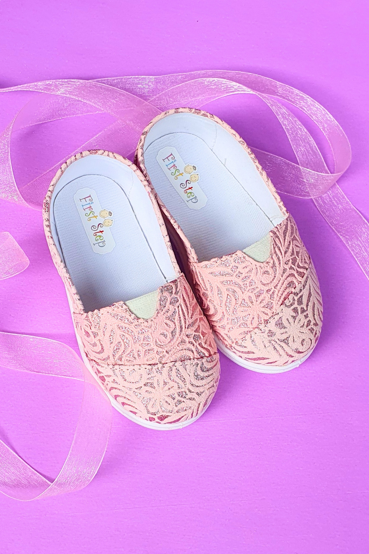 Çiçek Desenli Keten Çocuk Babet Ayakkabı-PEMBE-F-485