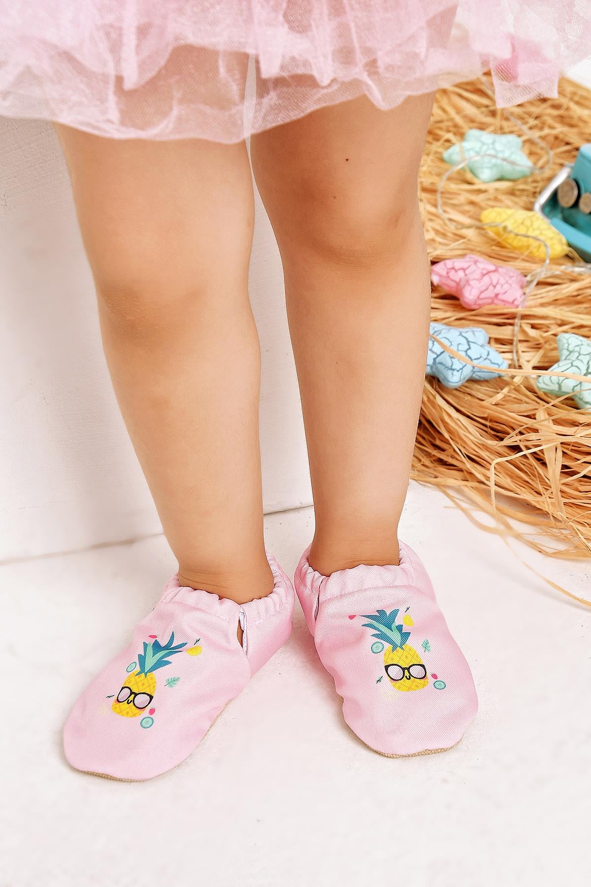 Pineapple Kaydırmaz Taban Bebek Yazlık Patik Pembe , Ev Botu Terliği Kreş Ayakkabısı Panduf F-824