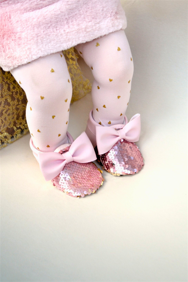 Pembe Pul Payetli Fiyonklu Kız Bebek Babet Patik G-2366