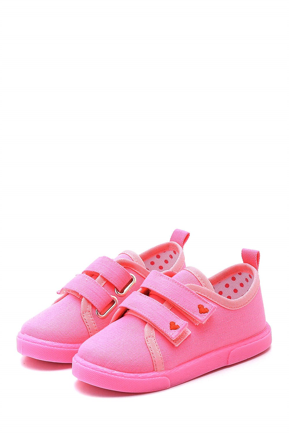 Çift Cırtlı Kalpli Çocuk Keten Ayakkabı-PEMBE KALP-F-499