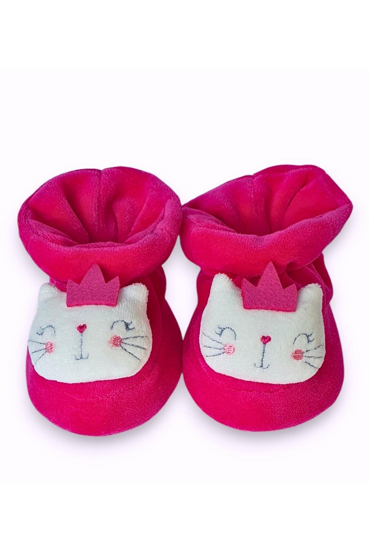 Fuşya Kadife 3 Boyutlu Kedi Kafacıklı Kız Bebek Patiği  