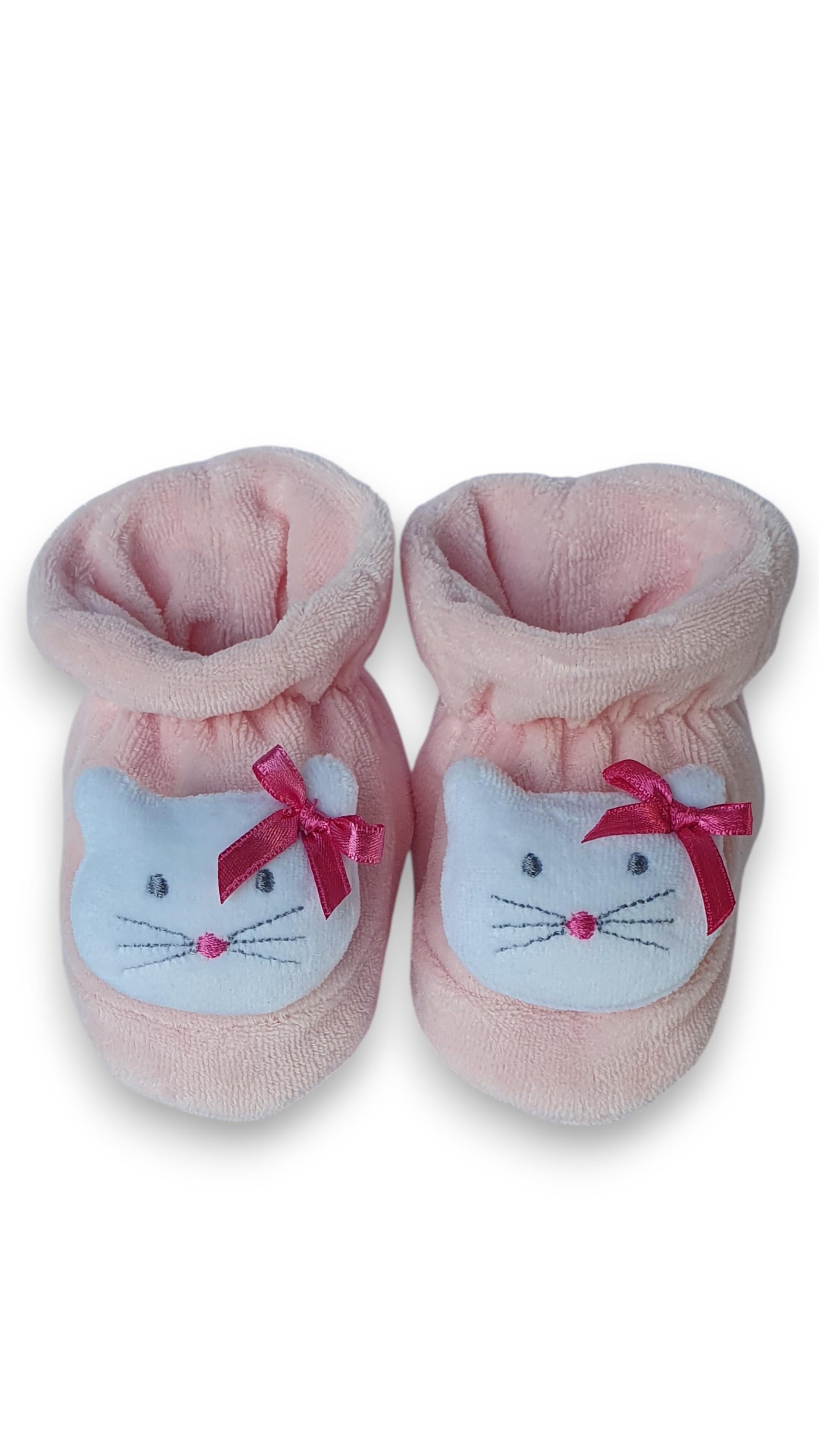 Pembe Kadife 3 Boyutlu Kedi Kafacıklı Kız Bebek Patiği 
