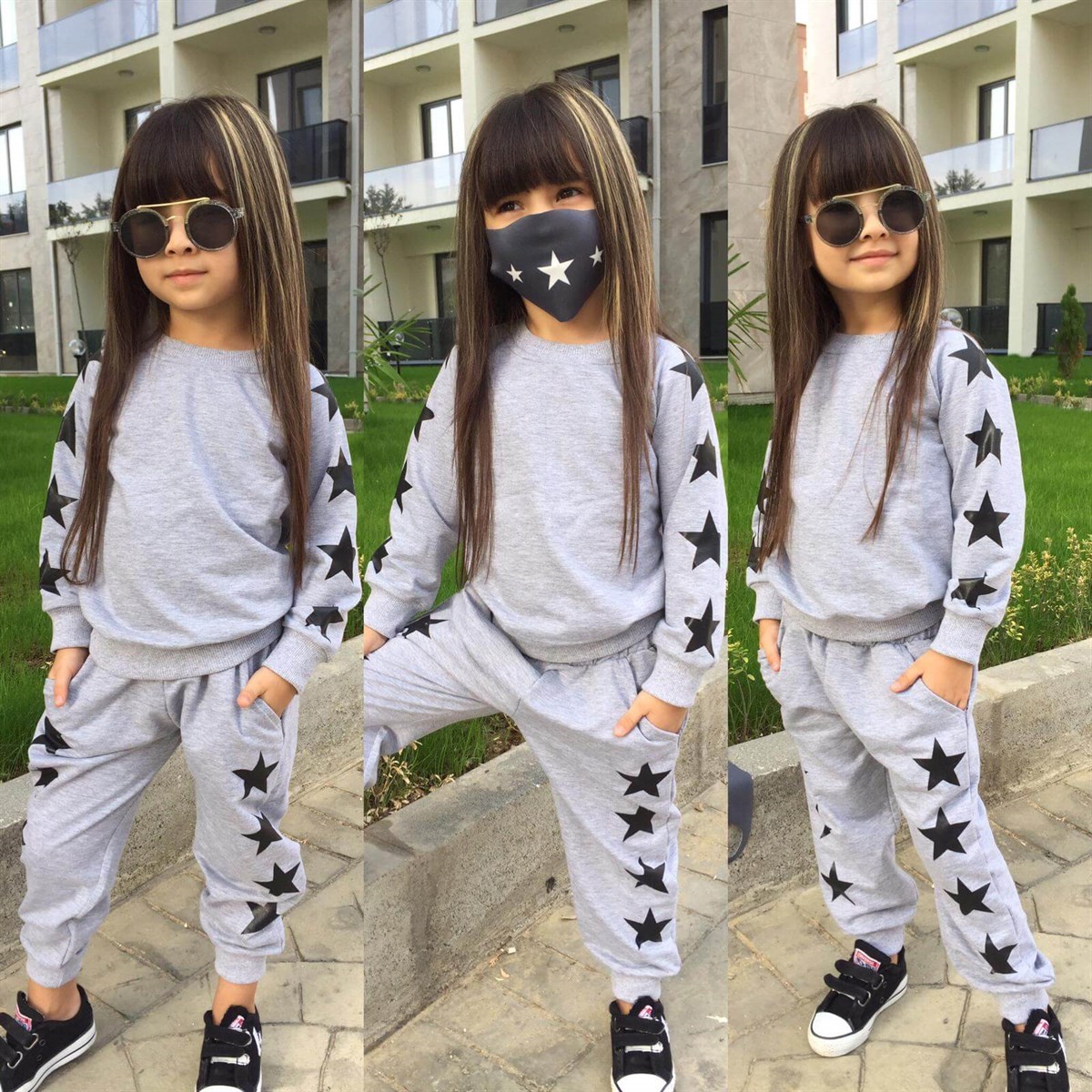 Çocuk Yıldız Figürlü Maskeli Gri Eşofman Takımı