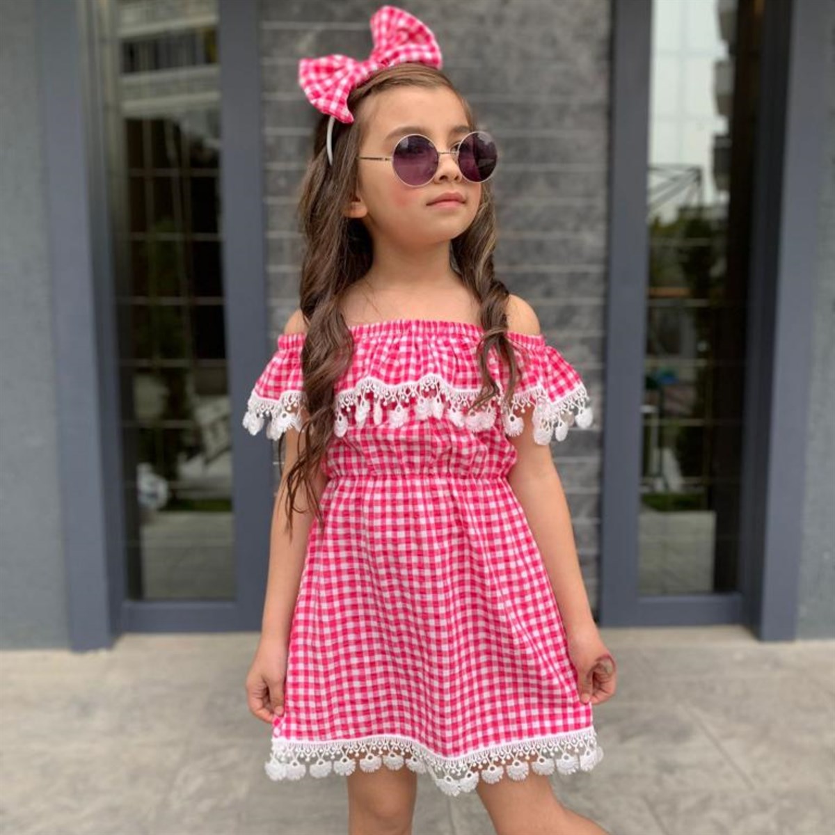 Kız Çocuk Güpürlü Ekose Elbise