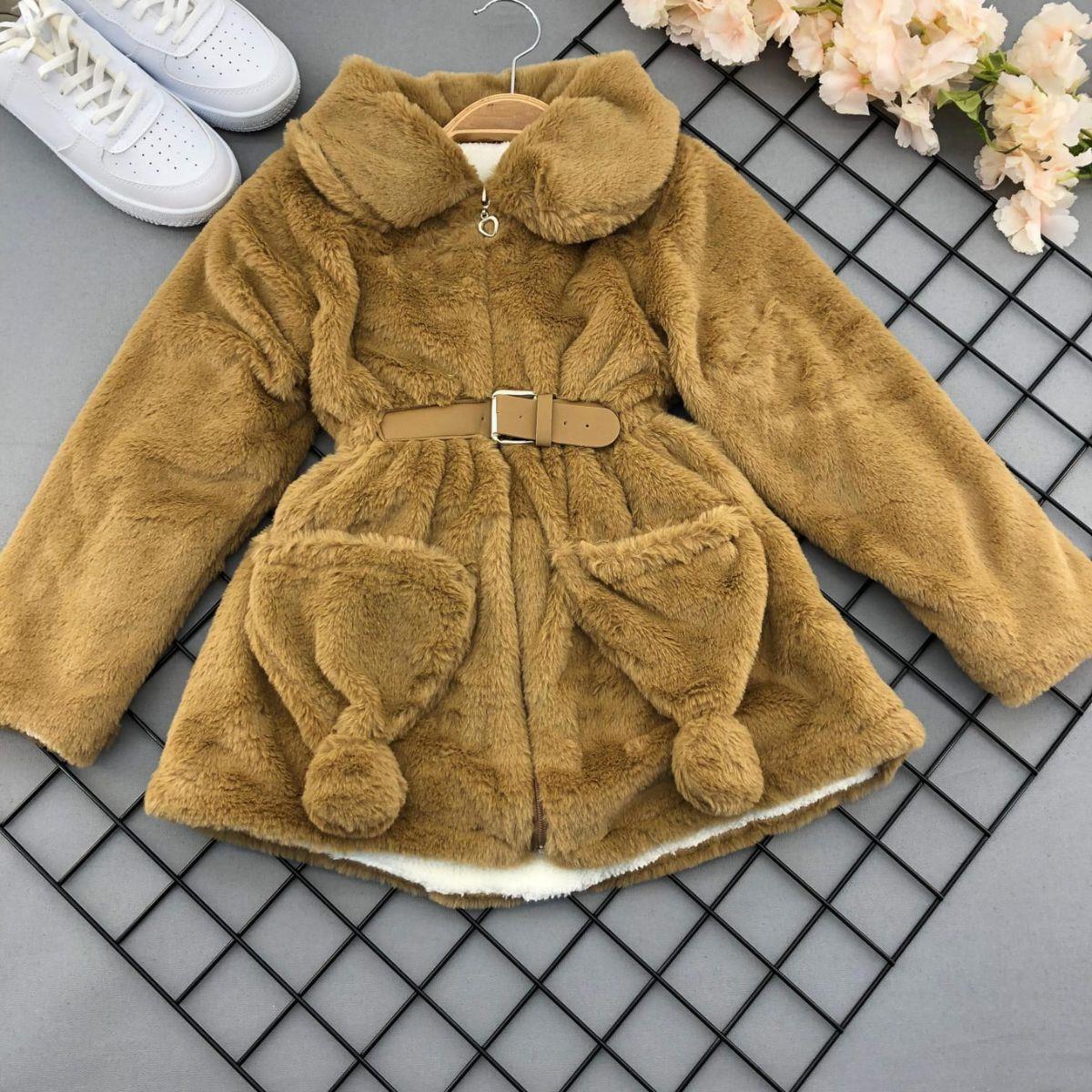 Kız Çocuk Hardal Tavşan Modeli Kürklü Mont