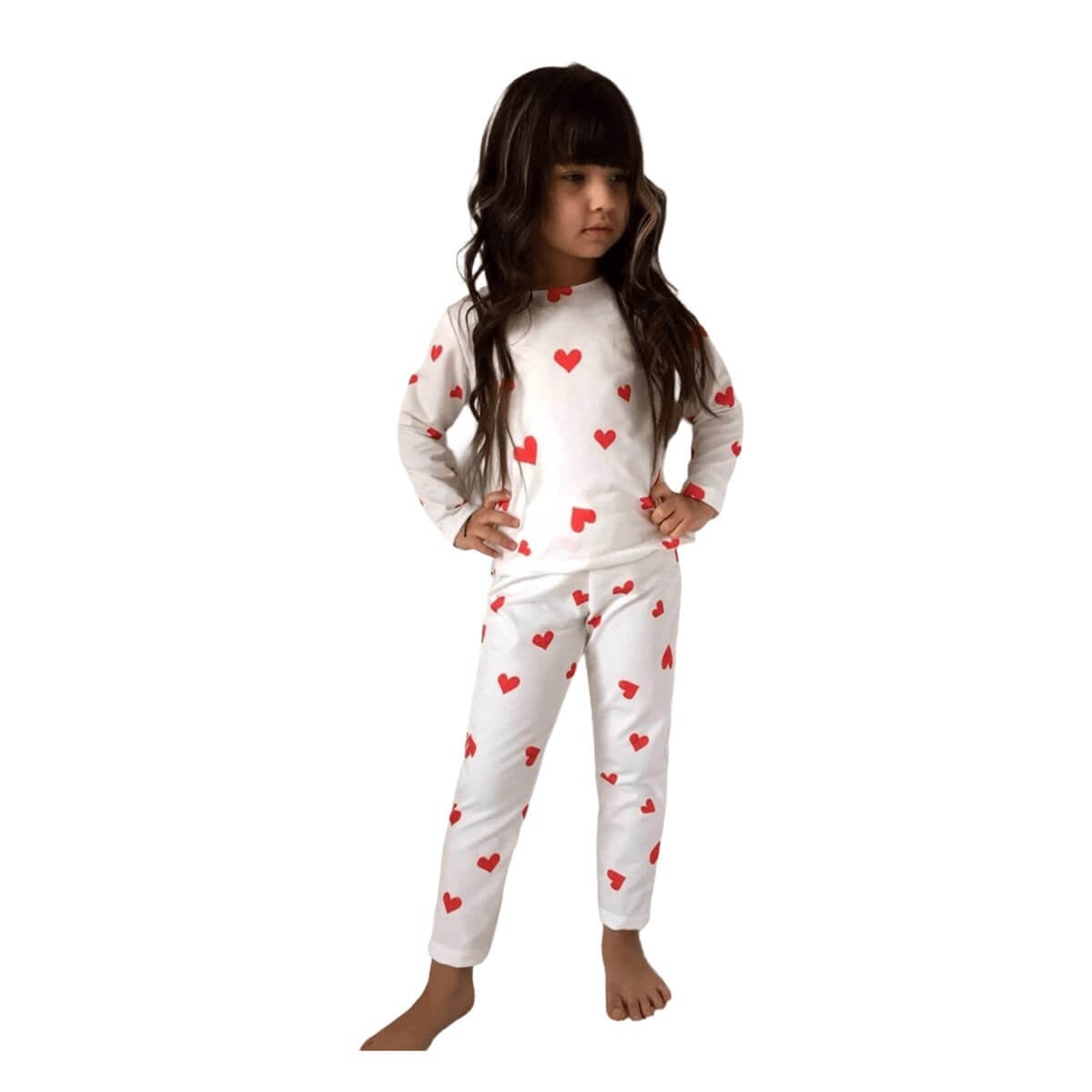 Kız Çocuk Kalp Figürlü Beyaz Pijama Takımı