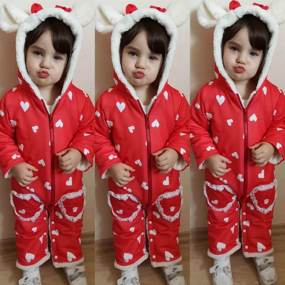 Kız Çocuk Kalp Figürlü Kırmızı Tulum