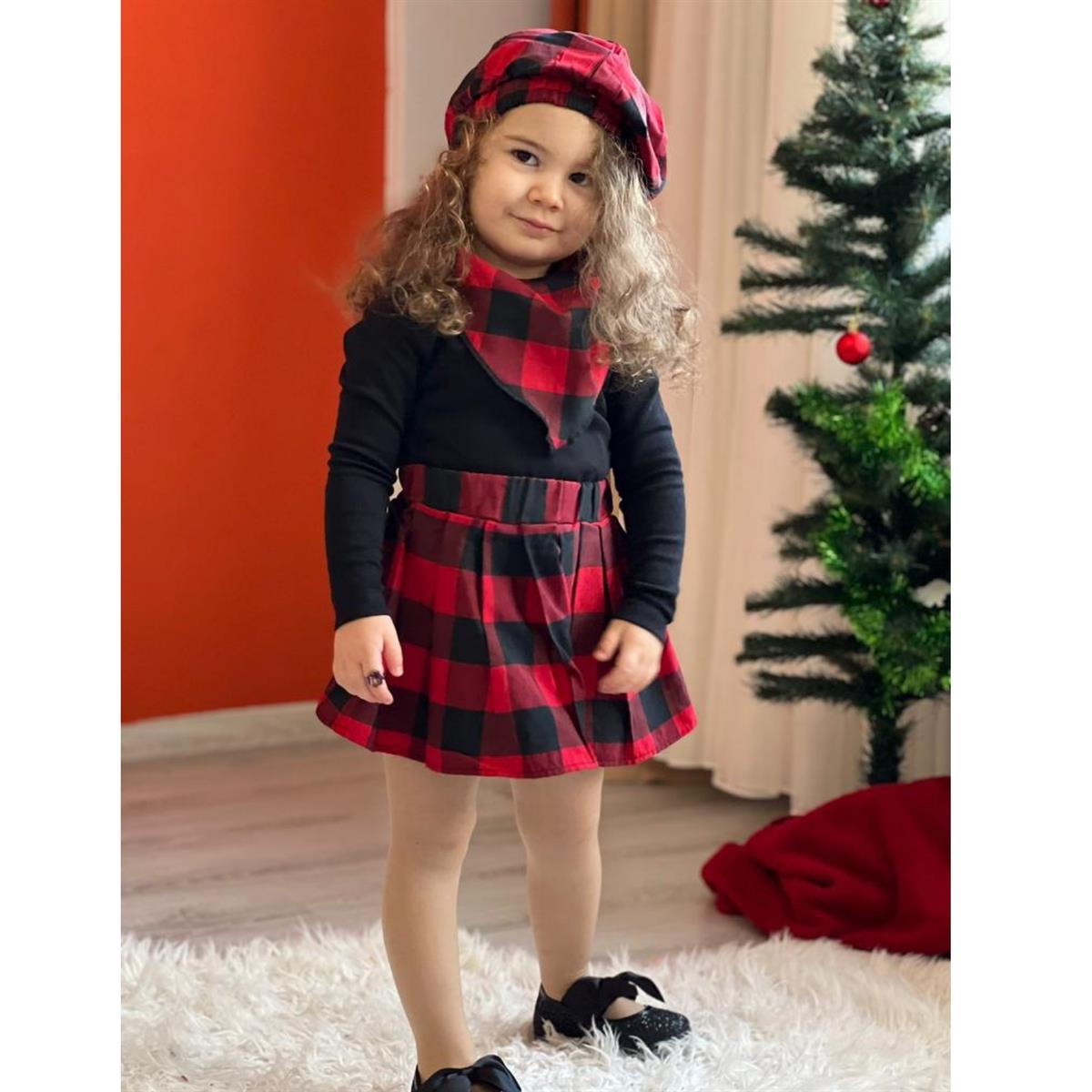 Kız Çocuk Kırmızı Ekoseli 4lü Takım