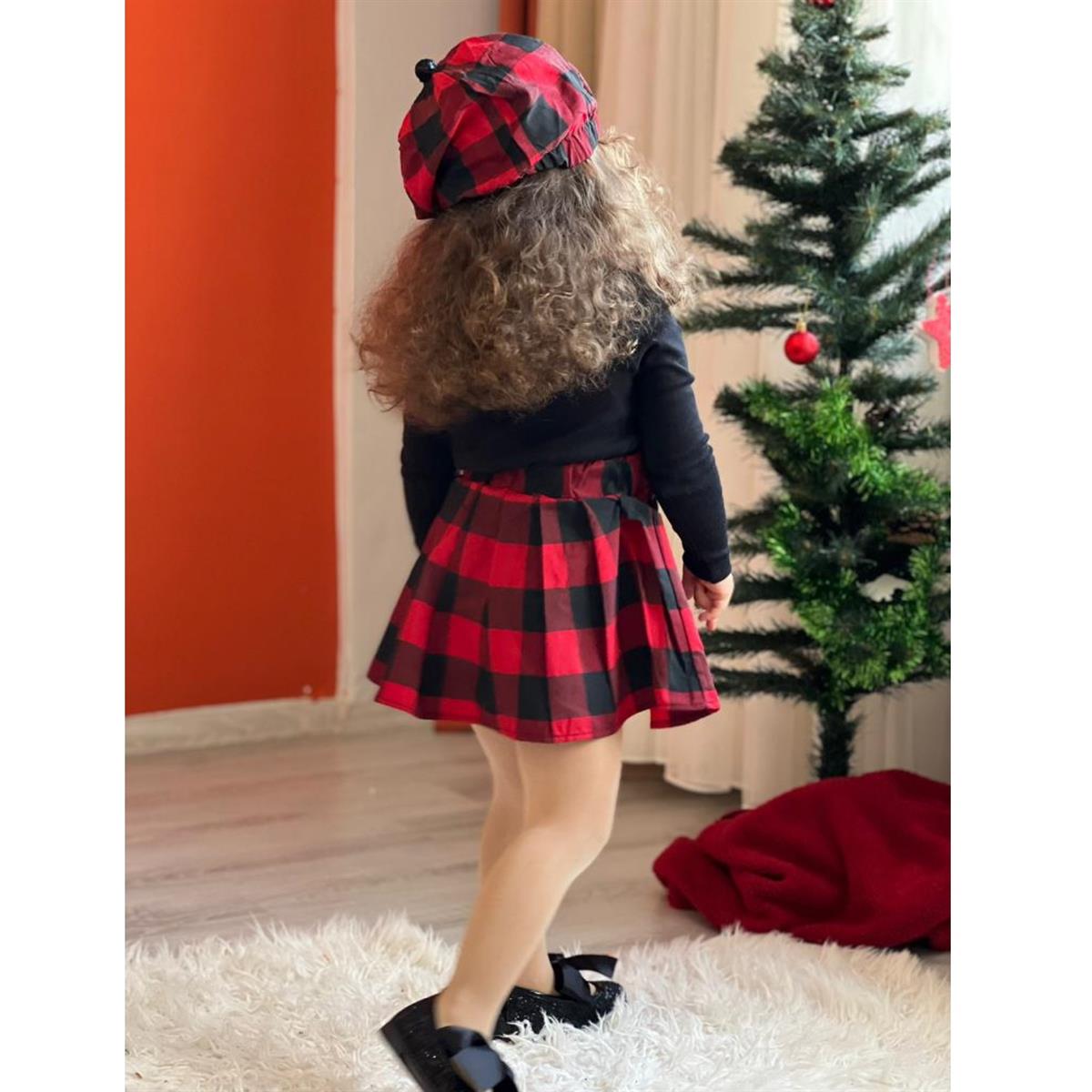 Kız Çocuk Kırmızı Ekoseli 4lü Takım
