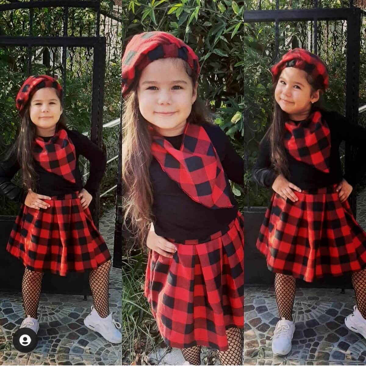 Kız Çocuk Kırmızı Ekoseli Şapkalı Takım
