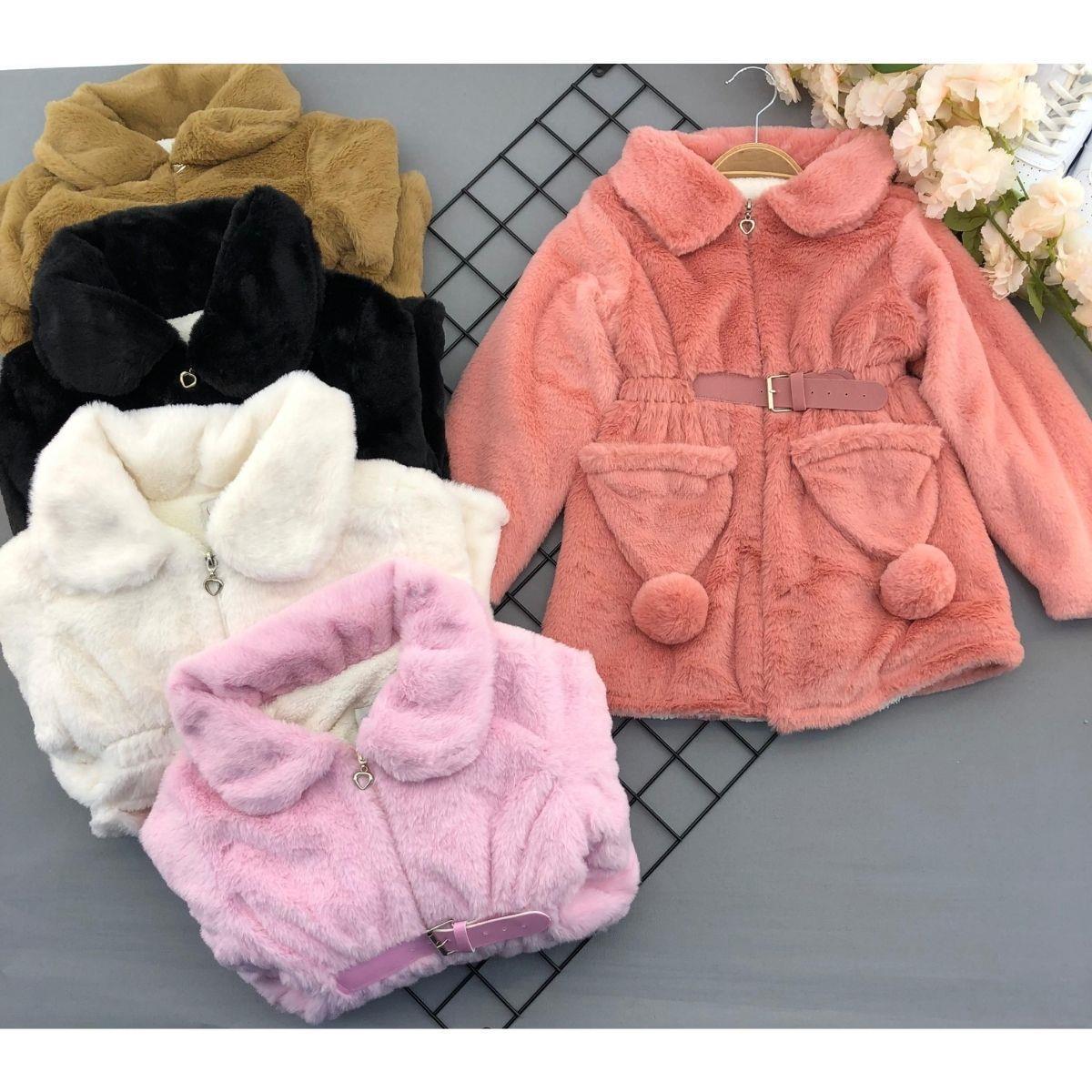 Kız Çocuk Koyu Pembe Tavşan Modeli Kürklü Mont