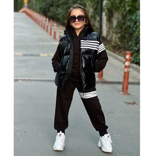 Çocuk Siyah Şişme Yelekli 3lü Eşofman Takımı 