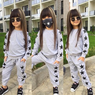 Çocuk Yıldız Figürlü Maskeli Gri Eşofman Takımı