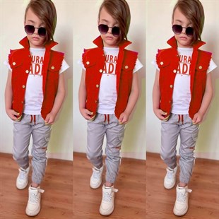 Erkek Çocuk Denim Yelekli Kırmızı Takım