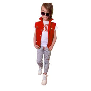 Erkek Çocuk Denim Yelekli Kırmızı Takım