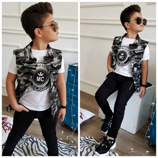 Erkek Çocuk Kaprili Yelekli Kamuflaj Takım