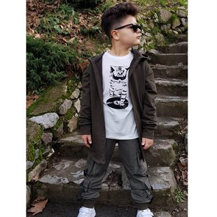 Erkek Çocuk Kedi Figürlü Kargo Pantalonlu Takım