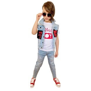 Erkek Çocuk Kot Yelekli Pantolonlu Kırmızı Takım