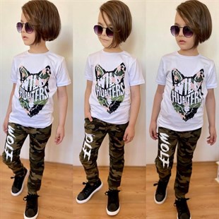 Erkek Çocuk Kurt Figürlü Beyaz Kombin