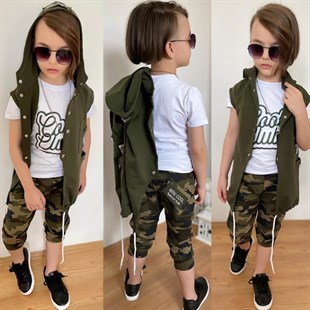 Erkek Çocuk Zincir Detaylı Kaprili Kamuflaj Takım