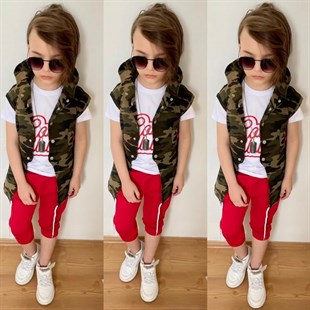 Erkek Çocuk Zincir Detaylı Kırmızı Kaprili Kamuflaj Takım