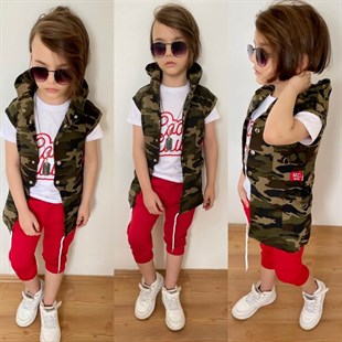 Erkek Çocuk Zincir Detaylı Kırmızı Kaprili Kamuflaj Takım