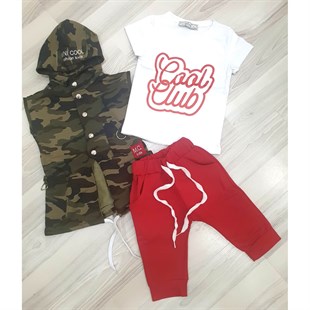 Erkek Çocuk Zincir Detaylı Kırmızı Kaprili Kamuflaj Takım