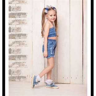 Kız Çocuk Asimetrik Bluzlu Kot Takım