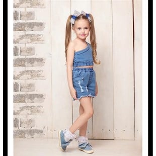 Kız Çocuk Asimetrik Bluzlu Kot Takım