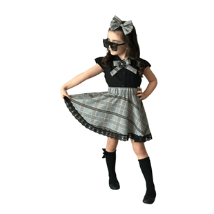 Kız Çocuk Broşlu Fiyonk Detaylı Ekose Etekli Takım