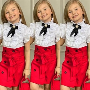 Kız Çocuk Çantalı Kırmızı Etekli Takım