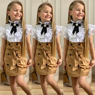 Kız Çocuk Çantalı Krem Etekli Takım