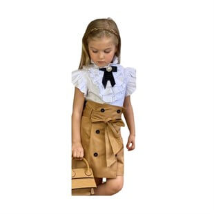 Kız Çocuk Çantalı Krem Etekli Takım