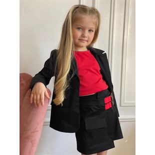 Kız Çocuk Ceketli Kırmızı Şort Etek Takım